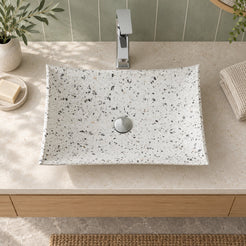 Shachi White Terrazzo Vessel Sink — overhead bathroom lifestyle