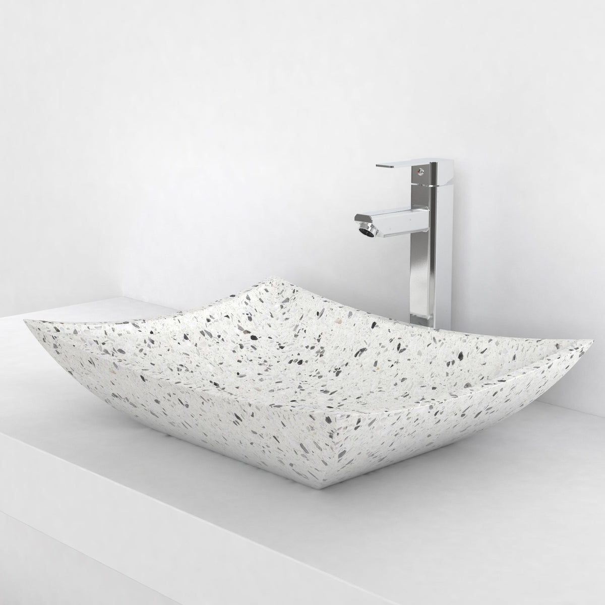 Shachi white terrazzo vessel sink, countertop hero lifestyle view