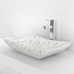 Shachi white terrazzo vessel sink, countertop hero lifestyle view