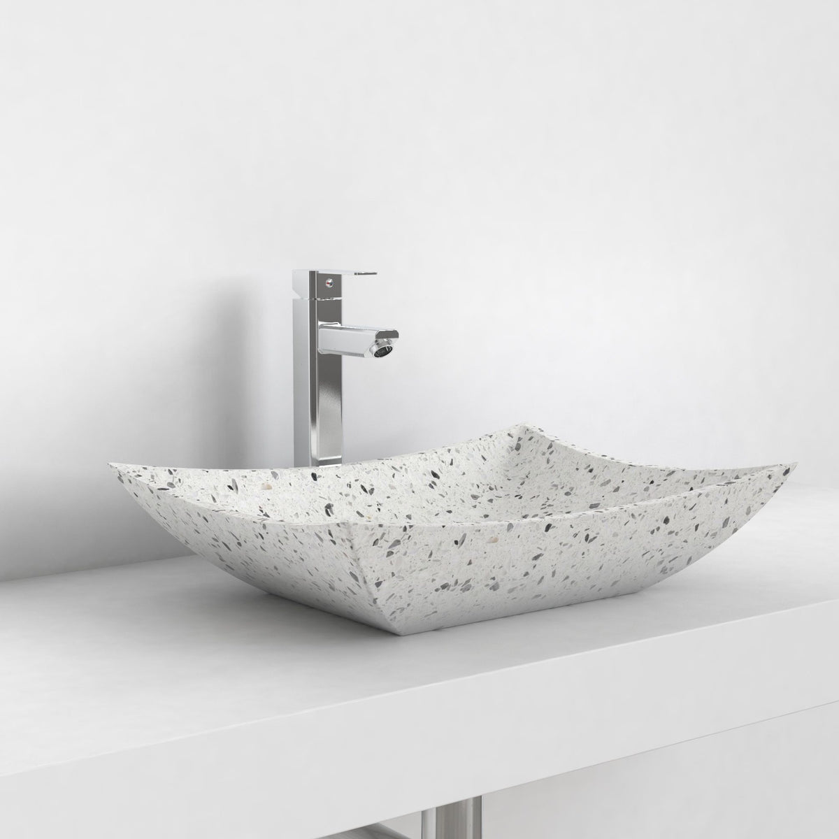 Shachi white terrazzo vessel sink, opposite countertop angle