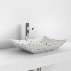 Shachi white terrazzo vessel sink, opposite countertop angle