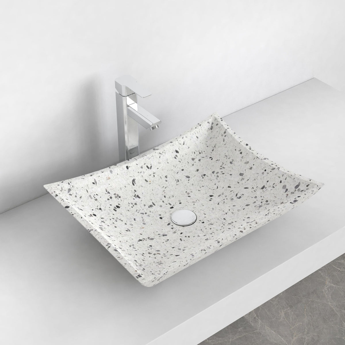 Shachi white terrazzo vessel sink, elevated countertop lifestyle view