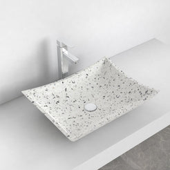 Shachi white terrazzo vessel sink, elevated countertop lifestyle view
