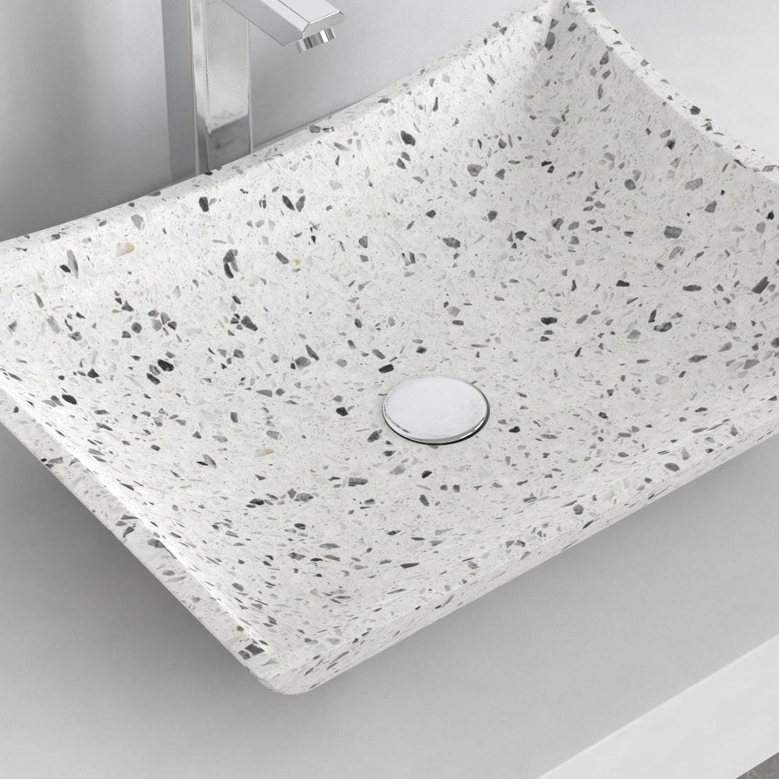 Shachi white terrazzo vessel sink, interior and material detail