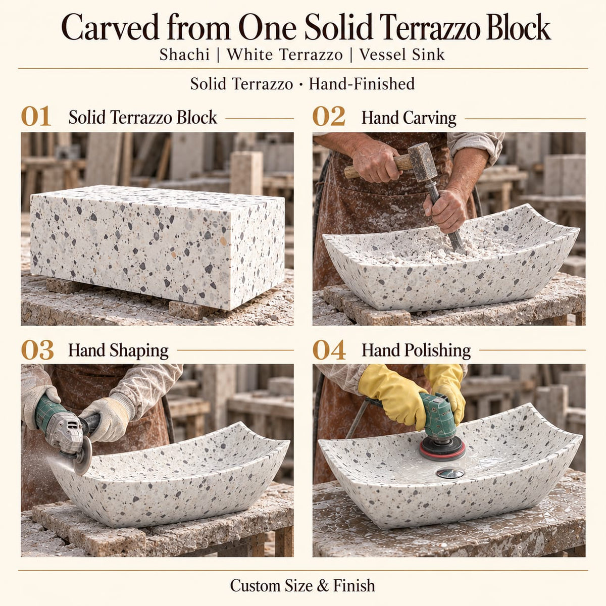 Shachi White Terrazzo Vessel Sink carved from one solid terrazzo block, with hand carving, hand shaping and hand polishing; custom size and finish.