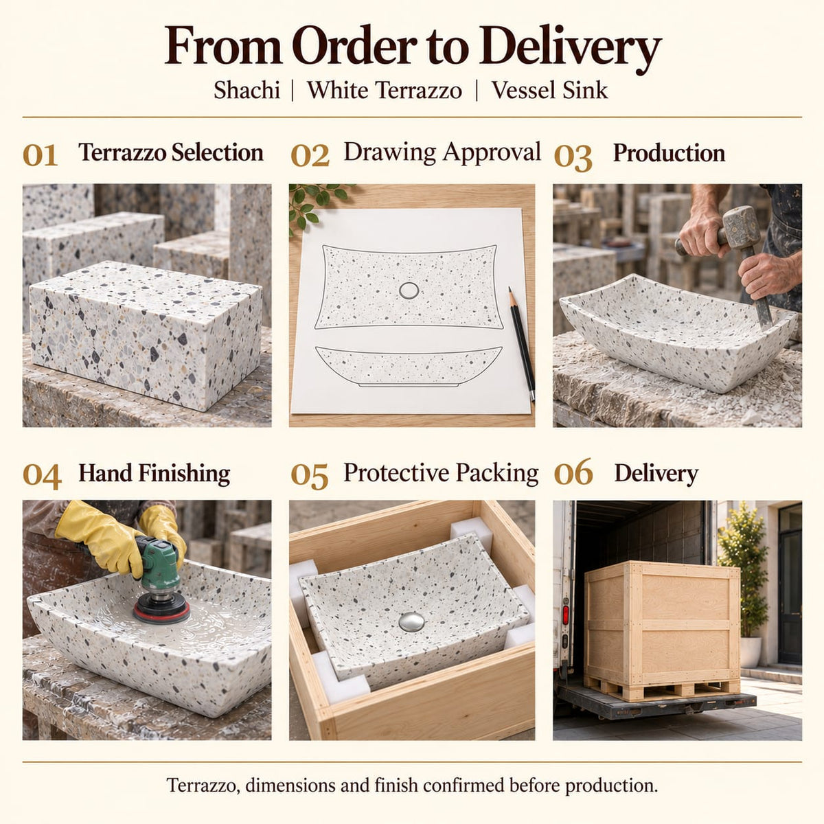 Shachi White Terrazzo Vessel Sink from order to delivery: material selection, drawing approval, production, hand finishing, protective foam packing in a plywood crate and delivery; specifications confirmed before production.