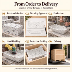 Shachi White Terrazzo Vessel Sink from order to delivery: material selection, drawing approval, production, hand finishing, protective foam packing in a plywood crate and delivery; specifications confirmed before production.
