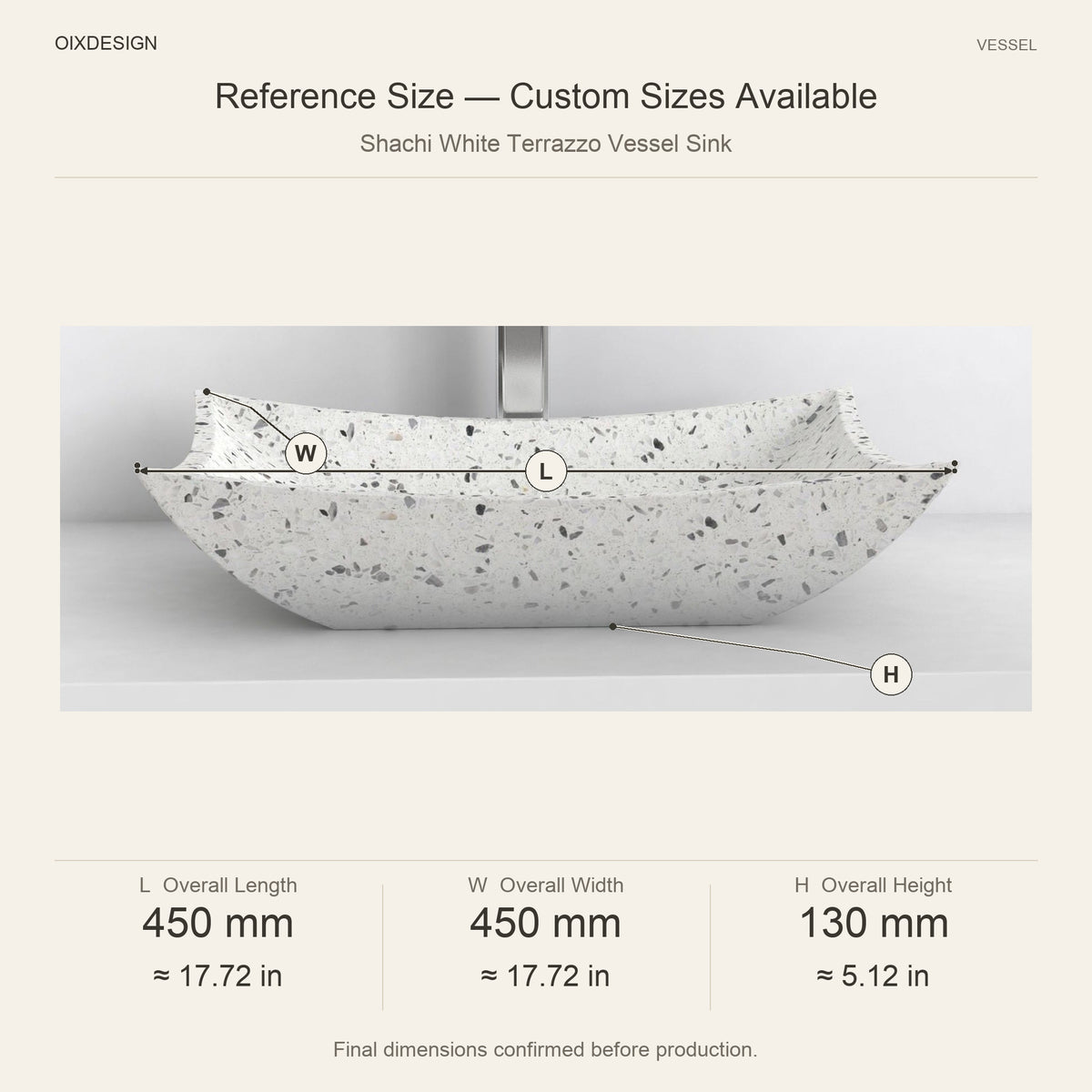 Shachi White Terrazzo Vessel Sink reference overall dimensions in millimeters and inches