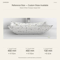 Shachi White Terrazzo Vessel Sink reference overall dimensions in millimeters and inches