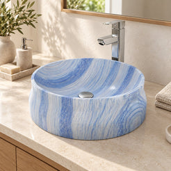 Shada Azura Blue Quartzite Vessel Sink — three-quarter bathroom lifestyle