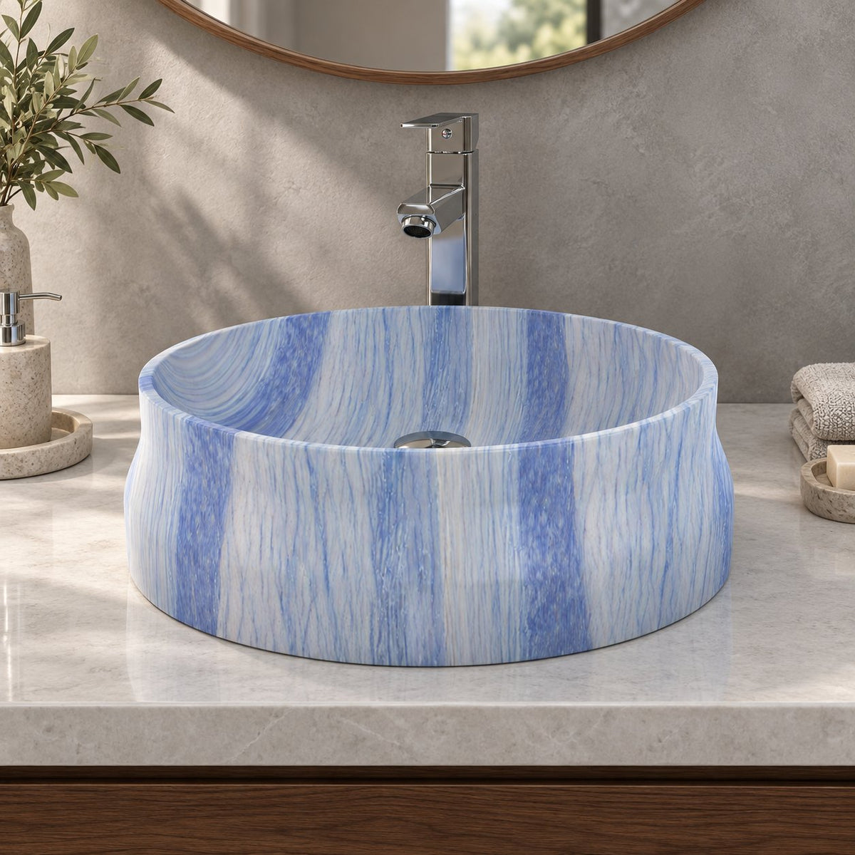 Shada Azura Blue Quartzite Vessel Sink — low frontal bathroom lifestyle