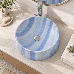 Shada Azura Blue Quartzite Vessel Sink — overhead bathroom lifestyle