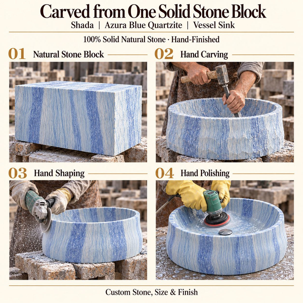 Shada Azura Blue Quartzite Vessel Sink carved from one solid stone block, showing manual hammer-and-chisel carving, hand shaping and hand polishing; custom stone, size and finish.