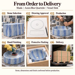 Shada Azura Blue Quartzite Vessel Sink from order to delivery: material selection, drawing approval, production, hand finishing, protective foam packing in a plywood crate and delivery; specifications confirmed before production.