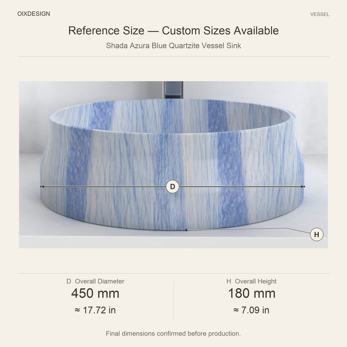 Shada Azura Blue Quartzite Vessel Sink reference overall dimensions in millimeters and inches