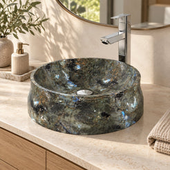 Shada Celestia Blue Quartzite Vessel Sink — three-quarter bathroom lifestyle