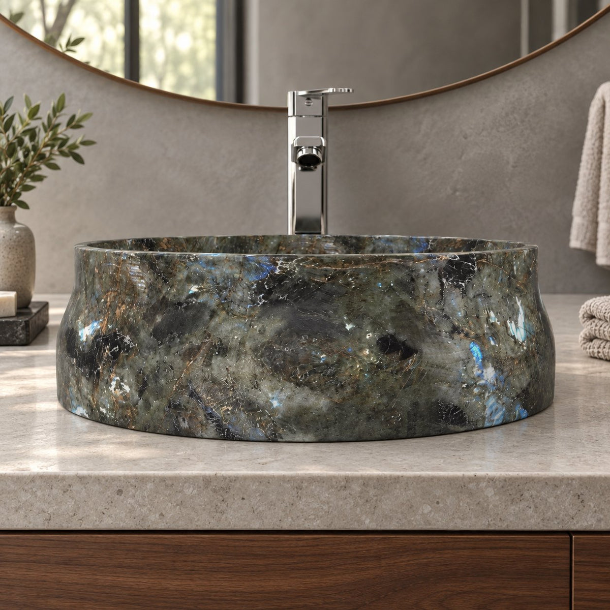 Shada Celestia Blue Quartzite Vessel Sink — low frontal bathroom lifestyle