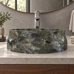 Shada Celestia Blue Quartzite Vessel Sink — low frontal bathroom lifestyle