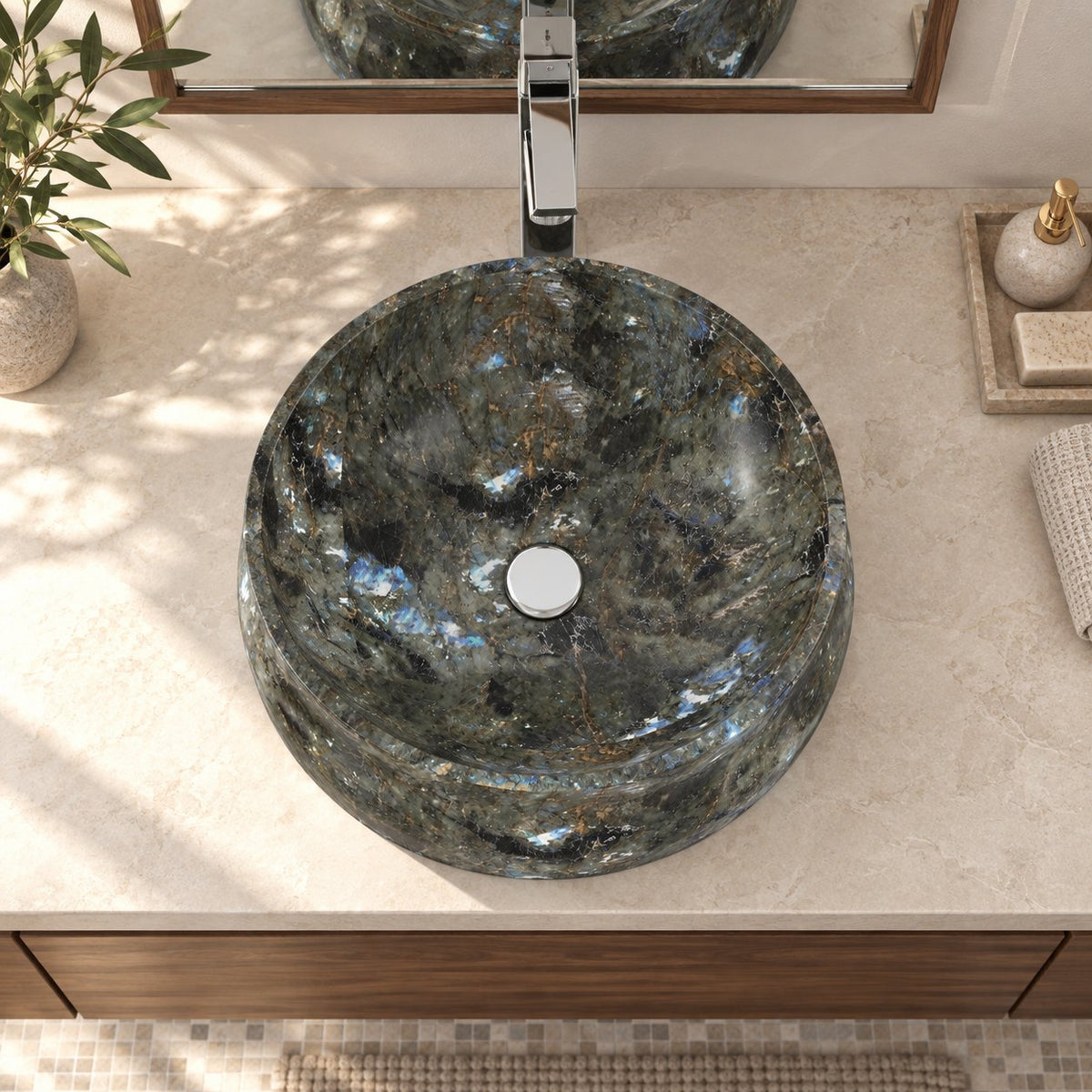 Shada Celestia Blue Quartzite Vessel Sink — overhead bathroom lifestyle