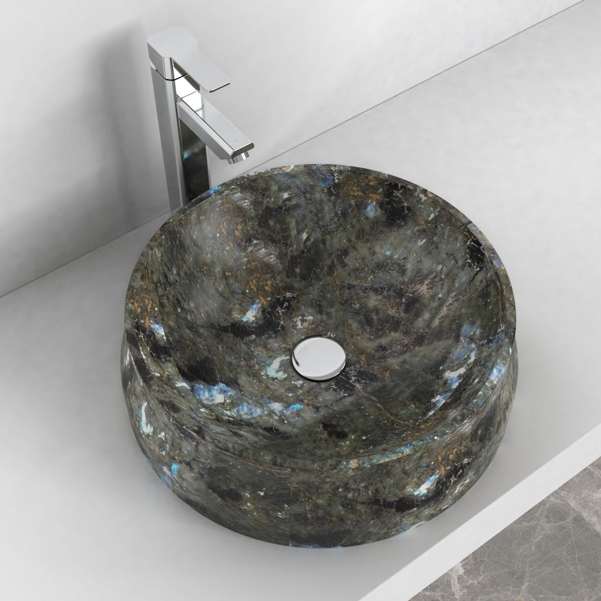 Shada Celestia Blue Quartzite Vessel Sink, alternate countertop lifestyle angle