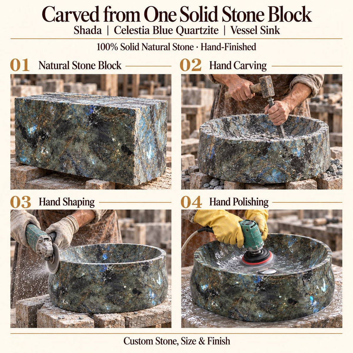 Shada Celestia Blue Quartzite Vessel Sink carved from one solid stone block, showing manual hammer-and-chisel carving, hand shaping and hand polishing; custom stone, size and finish.