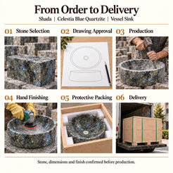 Shada Celestia Blue Quartzite Vessel Sink from order to delivery: material selection, drawing approval, production, hand finishing, protective foam packing in a plywood crate and delivery; specifications confirmed before production.