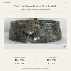 Shada Celestia Blue Quartzite Vessel Sink reference overall dimensions in millimeters and inches