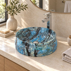 Shada Danube Blue Quartzite Vessel Sink — three-quarter bathroom lifestyle
