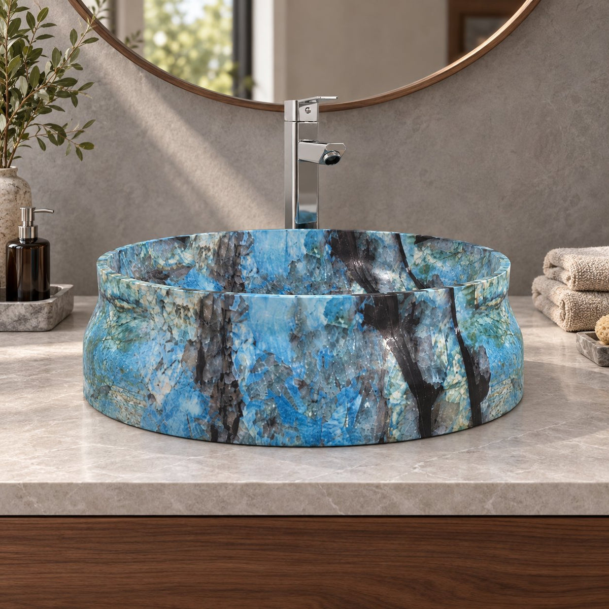 Shada Danube Blue Quartzite Vessel Sink — low frontal bathroom lifestyle