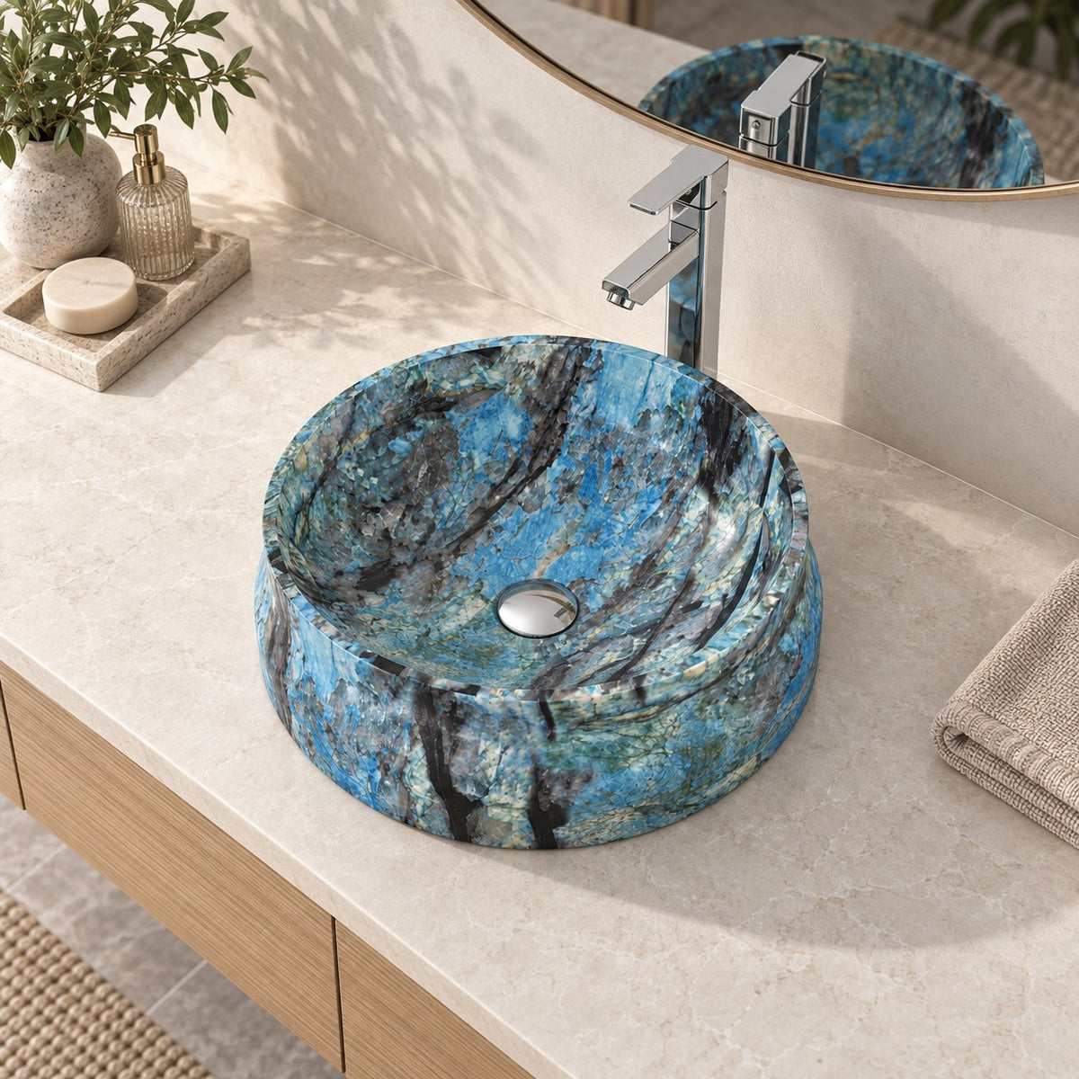 Shada Danube Blue Quartzite Vessel Sink — overhead bathroom lifestyle