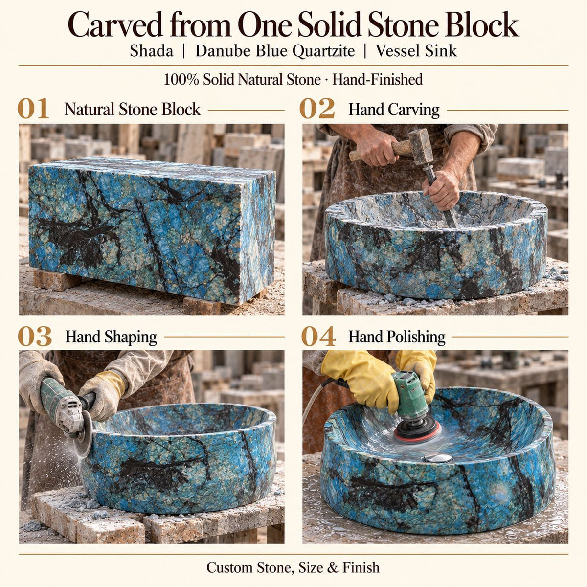 Shada Danube Blue Quartzite Vessel Sink carved from one solid stone block, showing manual hammer-and-chisel carving, hand shaping and hand polishing; custom stone, size and finish.