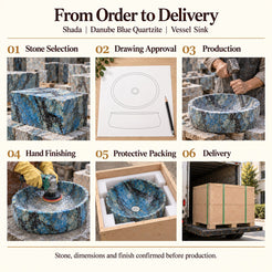 Shada Danube Blue Quartzite Vessel Sink from order to delivery: material selection, drawing approval, production, hand finishing, protective foam packing in a plywood crate and delivery; specifications confirmed before production.