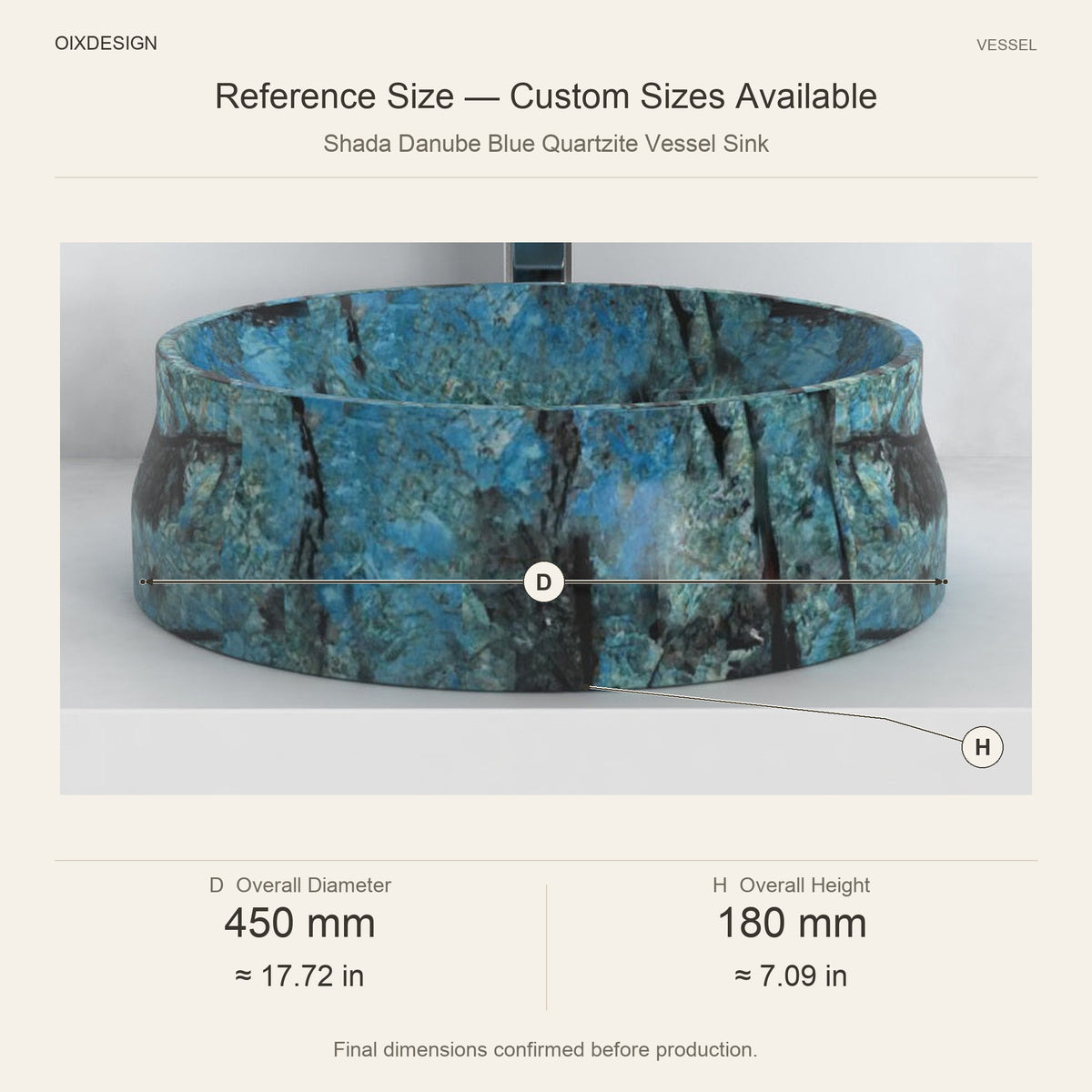 Shada Danube Blue Quartzite Vessel Sink reference overall dimensions in millimeters and inches