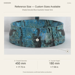 Shada Danube Blue Quartzite Vessel Sink reference overall dimensions in millimeters and inches