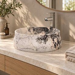 Shada Pandora Blanc Quartzite Vessel Sink — three-quarter bathroom lifestyle