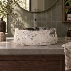 Shada Pandora Blanc Quartzite Vessel Sink — low frontal bathroom lifestyle