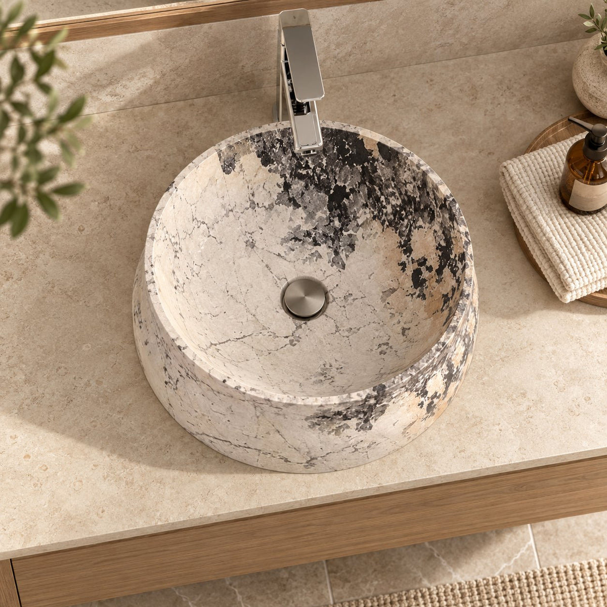 Shada Pandora Blanc Quartzite Vessel Sink — overhead bathroom lifestyle