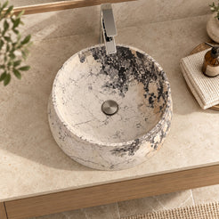 Shada Pandora Blanc Quartzite Vessel Sink — overhead bathroom lifestyle