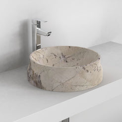 Shada Pandora Blanc Quartzite vessel sink, elevated countertop lifestyle view
