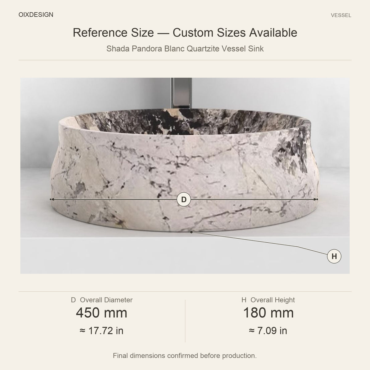 Shada Pandora Blanc Quartzite Vessel Sink reference overall dimensions in millimeters and inches