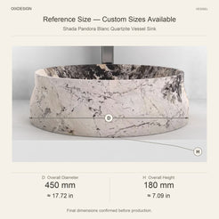 Shada Pandora Blanc Quartzite Vessel Sink reference overall dimensions in millimeters and inches