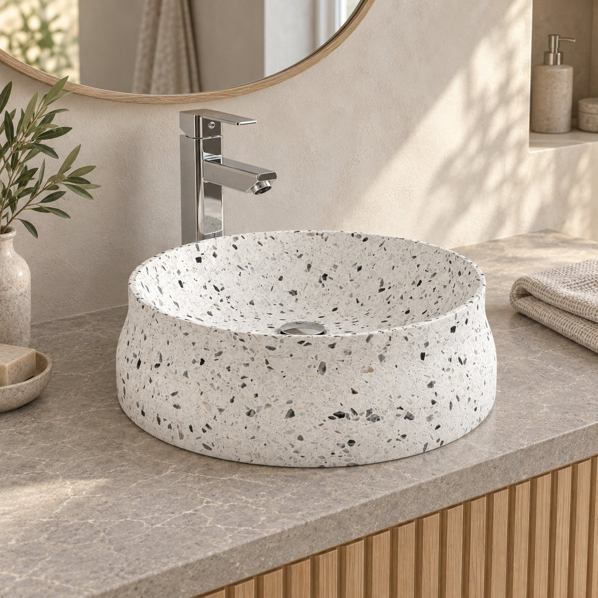 Shada White Terrazzo Vessel Sink — three-quarter bathroom lifestyle