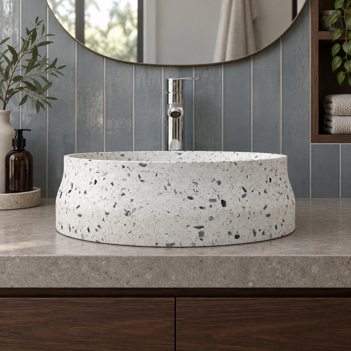 Shada White Terrazzo Vessel Sink — low frontal bathroom lifestyle