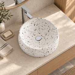 Shada White Terrazzo Vessel Sink — overhead bathroom lifestyle