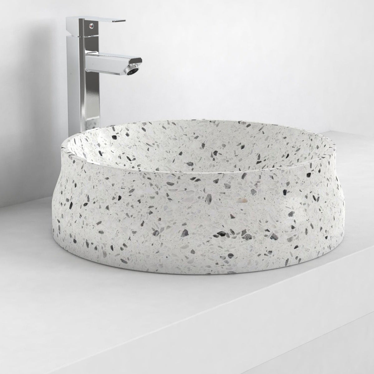 Shada white terrazzo vessel sink, countertop hero lifestyle view