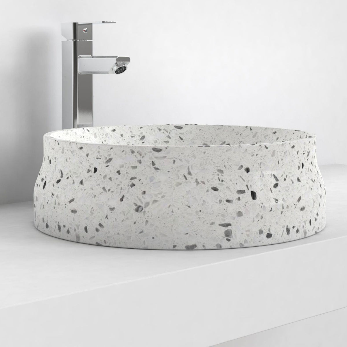Shada white terrazzo vessel sink, opposite countertop angle