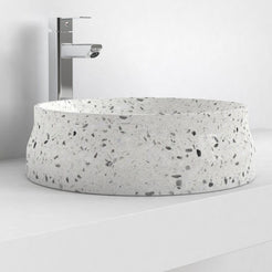 Shada white terrazzo vessel sink, opposite countertop angle