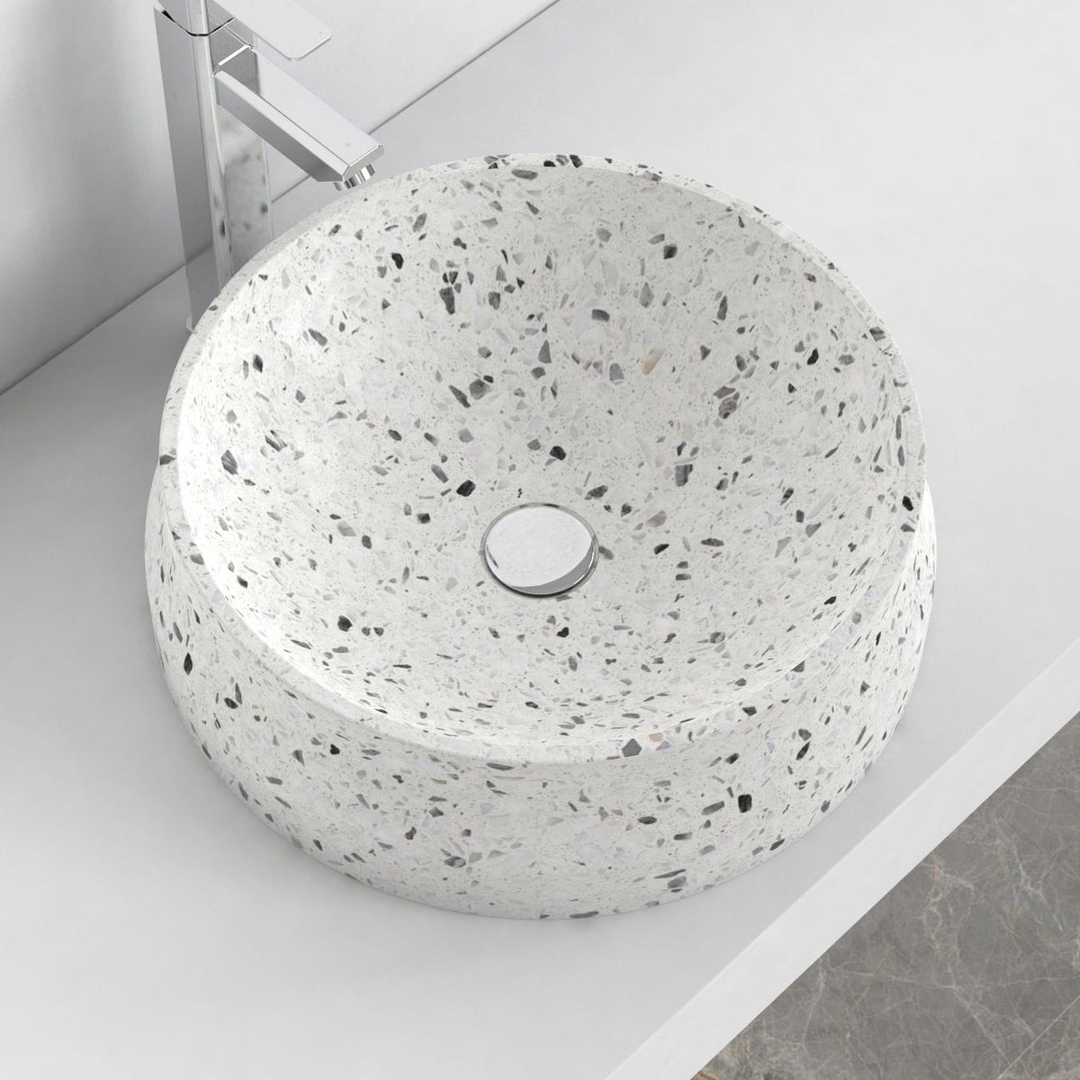 Shada white terrazzo vessel sink, elevated countertop lifestyle view
