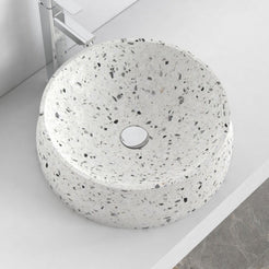 Shada white terrazzo vessel sink, elevated countertop lifestyle view