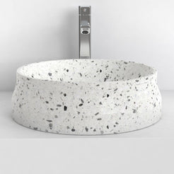 Shada white terrazzo vessel sink, complete exterior profile